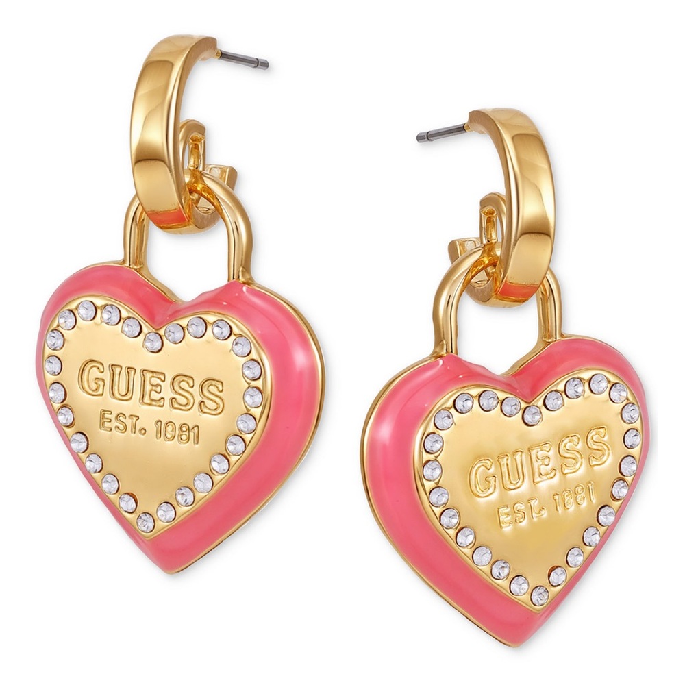 NEW! Guess Gold-Tone Pink Heart Drop Hoop Earrings